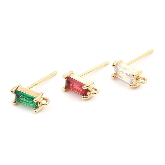 Immagine di Ottone Orecchini a Perno 18K Vero Oro Placcato Rettangolo W/ Loop Trasparente Strass 9mm x 4mm, Dimensione di Posta / Cavo: (21 misura), 2 Pz