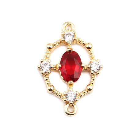 Image de Connecteurs en Laiton Ovale Plaqué Or Véritable 18K Creux à Strass Rouge 18mm x 12mm, 2 Pcs