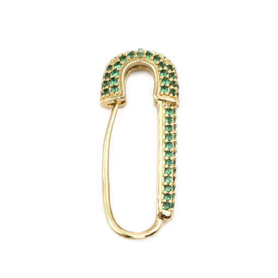Picture of Brass & Cubic Zirconia Pin Brooches Findings 18K Gold Filled Green 27mm x 11mm, 1 Piece