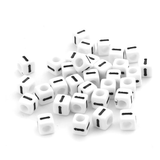 Picture of Acrylic Beads Square Black & White Initial Alphabet/ Capital Letter Pattern Message " I " About 7mm x 7mm, 200 PCs