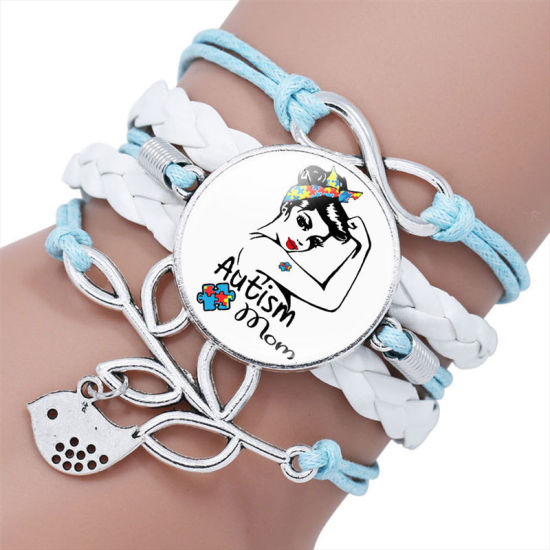 Immagine di Similpelle Bambini Braccialetti Intrecciati Tono Argento Bianco & Blu Ragazza Pezzo del Puzzle di Consapevolezza di Autismo Regolabile 16cm Lunghezza, 1 Pz