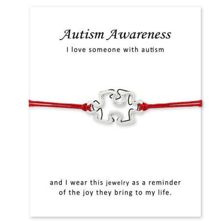Braided Bracelets Silver Tone Red Autism Awareness Jigsaw Puzzle Piece Adjustable 1 Piece