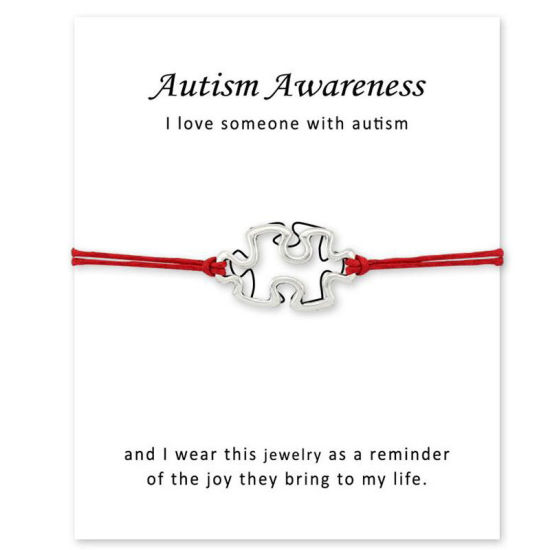 Picture of Braided Bracelets Silver Tone Red Autism Awareness Jigsaw Puzzle Piece Adjustable 1 Piece