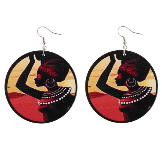 Picture of Natural Wood African Tribal Ethnic Jewelry Earrings Multicolor Round Girl 6cm Dia., 1 Pair