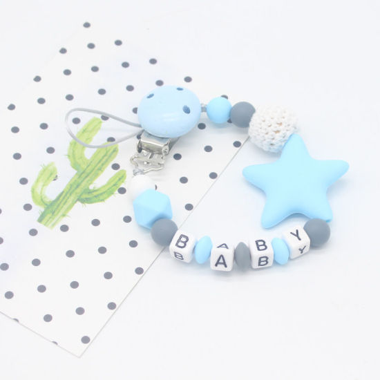 Bild von Blau - Silikon Anti-Off Schnuller Clip Leine, Baby Zahnen Perlen Schnuller Halter Binky Clip für Beißspielzeug, Beißringe, Soothie