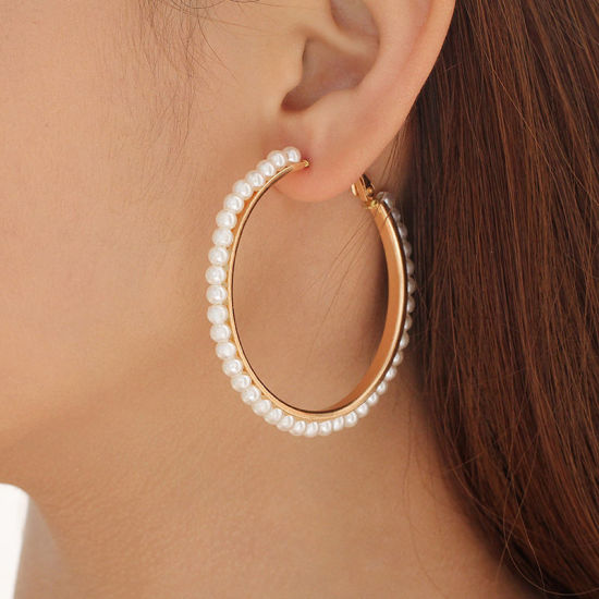 Picture of Hoop Earrings Gold Plated White Imitation Pearl Circle Ring 5.5cm Dia, 1 Pair