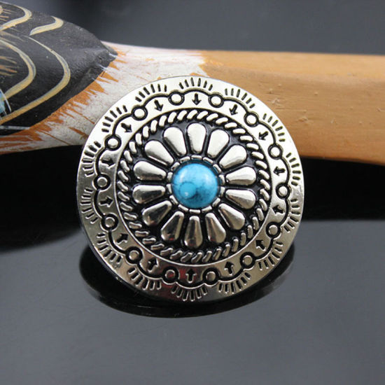 Imagen de Aleación de metal de Zinc + Acrílico Metal Botón Snap Fasteners Ronda Azul Flor Imitación de turquesa 30mm Dia, 2 Unidades