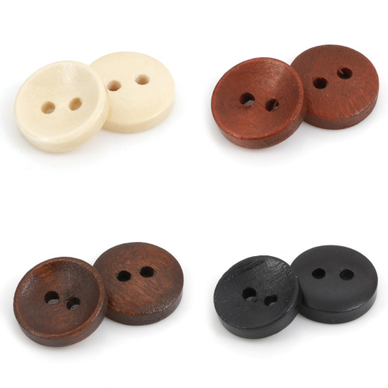 Bild von Natürliches Holz Knöpfe für Aufnähen Scrapbooking Zwei Löcher Rund Kaffeebraun 15mm D., 100 Stück