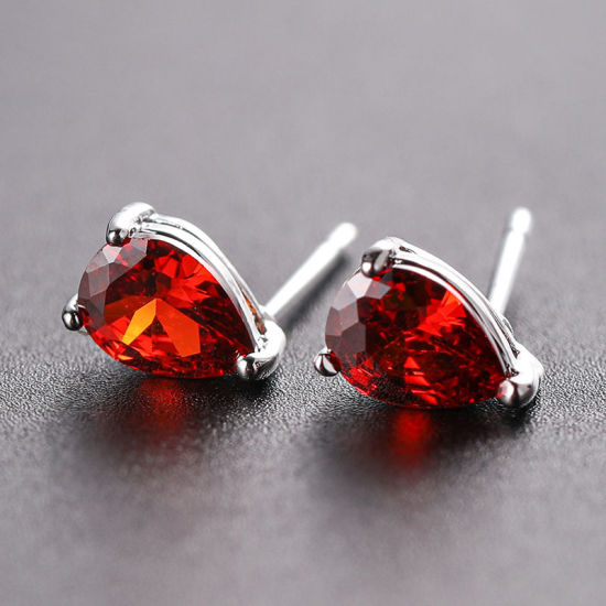 Image de Boucles d'Oreilles Puces en Laiton Pierres de Naissance Argent Mat Goutte d'Eau janvier à Zircone Cubique Rouge 16mm x 5mm , 1 Paire                                                                                                                          