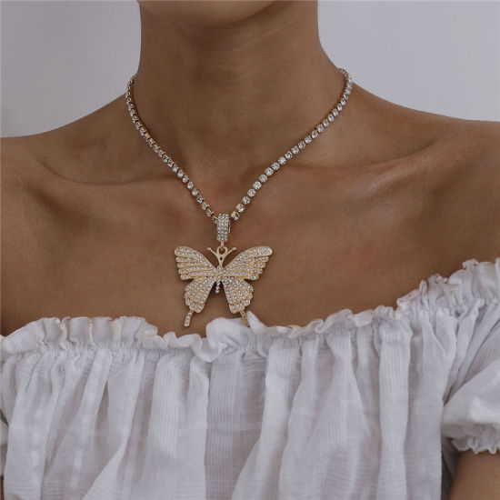 Picture of Copper Tennis Chain Necklace Gold Plated Butterfly Animal Clear Rhinestone 41cm(16 1/8") long, 1 Piece