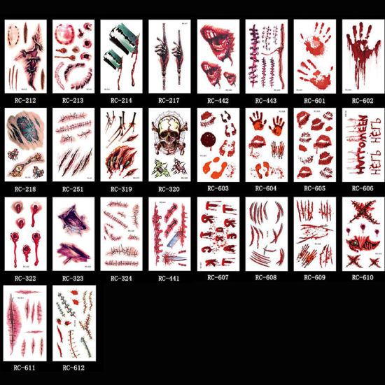 Picture of Halloween Removable Waterproof Metallic Temporary Tattoo Sticker Body Art Multicolor Wound Pattern 4 Sheets