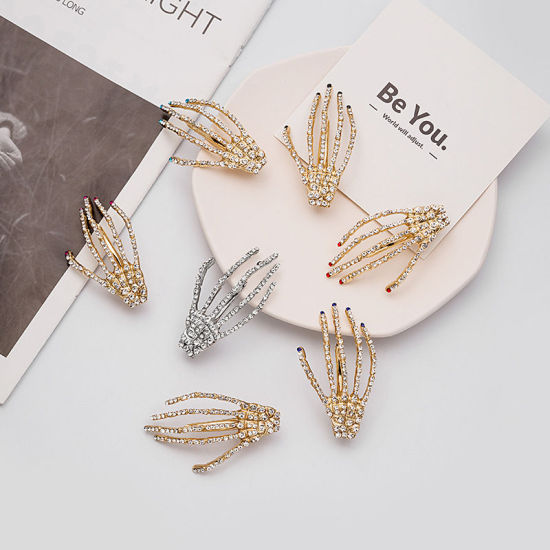 Imagen de Halloween Hair Clips Gold Plated & Silver Tone Hand Clear Rhinestone 1 Piece