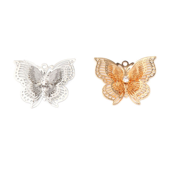 Immagine di Brass Insect Pendants Gold Plated & Butterfly Animal Filigree Stamping Clear Rhinestone