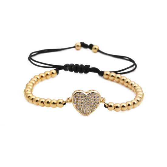 Image de Copper Micro Pave Dainty Bracelets Delicate Bracelets Beaded Bracelet Gold Plated Heart Clear Cubic Zirconia Adjustable 20cm - 17cm long, 1 Piece