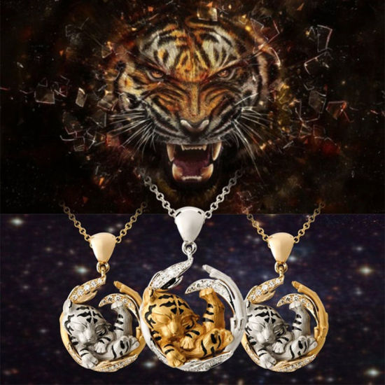 Image de Necklace Gold Plated & Silver Tone Tiger Animal Clear Rhinestone Plating 1 Piece