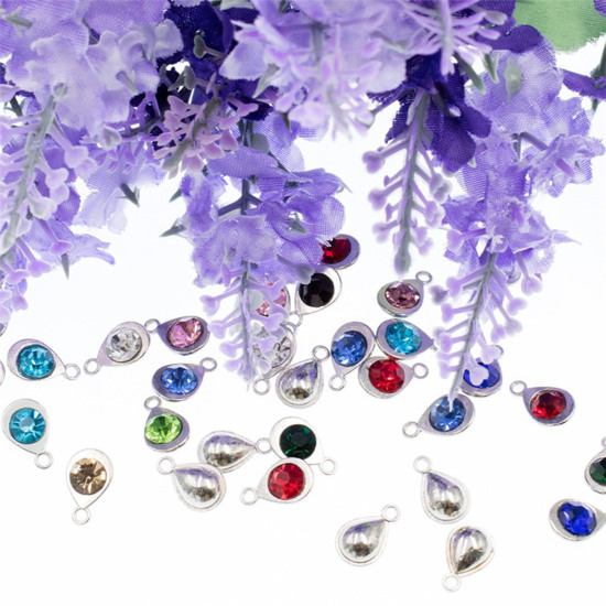 Immagine di Zinc Based Alloy & Glass Birthstone Charms Drop Silver Tone 11mm x 7mm, 10 PCs