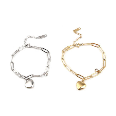 Stainless Steel Bracelets Gold Plated & Oval Heart Clear Cubic Zirconia