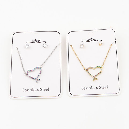 Bild von Stainless Steel & Copper Valentine's Day Jewelry Necklace Earrings Set Round Heart Micro Pave Multicolour Cubic Zirconia 
