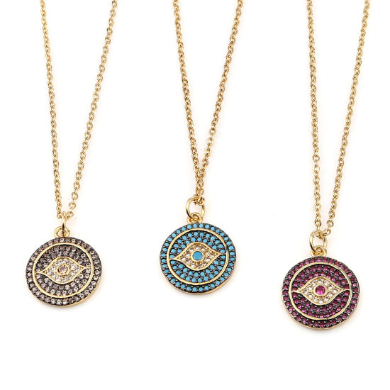 Изображение Stainless Steel & Copper Micro Pave Necklace Gold Plated Round Eye Champagne Rhinestone 44cm(17 3/8") long, 1 Piece