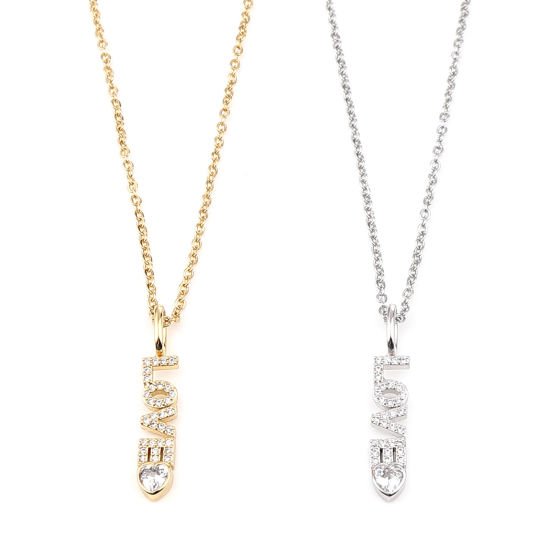Image de Stainless Steel & Copper Valentine's Day Necklace Gold Plated " Love " Clear Cubic Zirconia 44cm(17 3/8") long, 1 Piece
