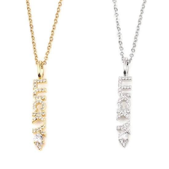 Изображение Stainless Steel & Copper Necklace Gold Plated Message " Lucky " Clear Cubic Zirconia 44cm(17 3/8") long, 1 Piece