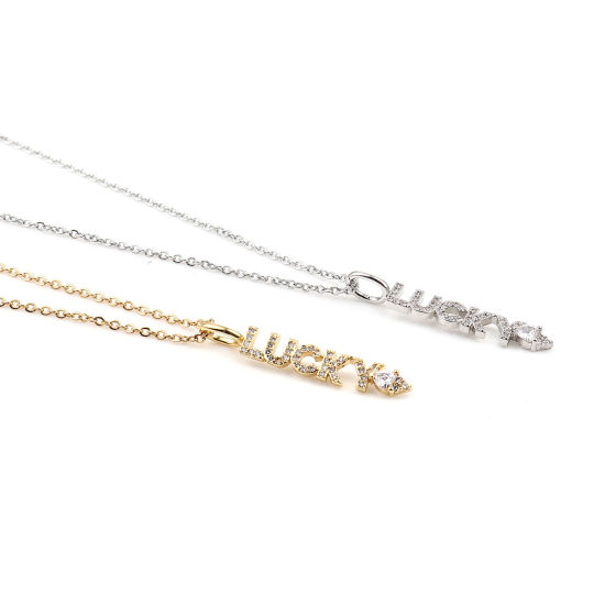 Изображение Stainless Steel & Copper Necklace Gold Plated Message " Lucky " Clear Cubic Zirconia 44cm(17 3/8") long, 1 Piece
