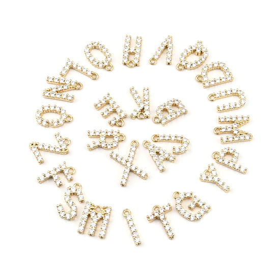 Image de Copper Charms Gold Filled Capital Alphabet/ Letter Clear Rhinestone 13mm x 8mm, 5 PCs