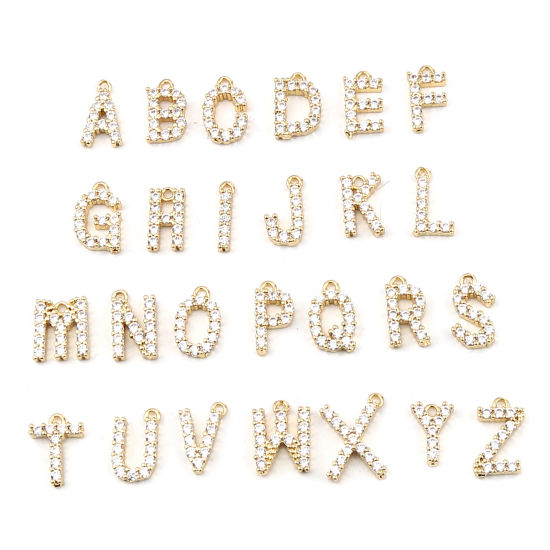 Image de Copper Charms Gold Filled Capital Alphabet/ Letter Clear Rhinestone 13mm x 8mm, 5 PCs