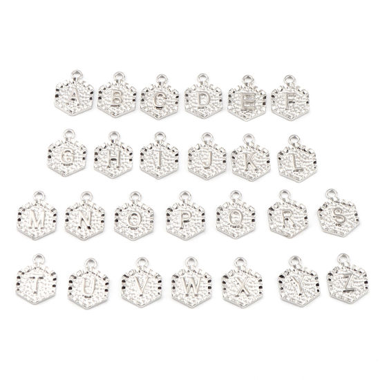 Picture of Zinc Based Alloy Valentine's Day Charms Hexagon Initial Alphabet/ Capital Letter