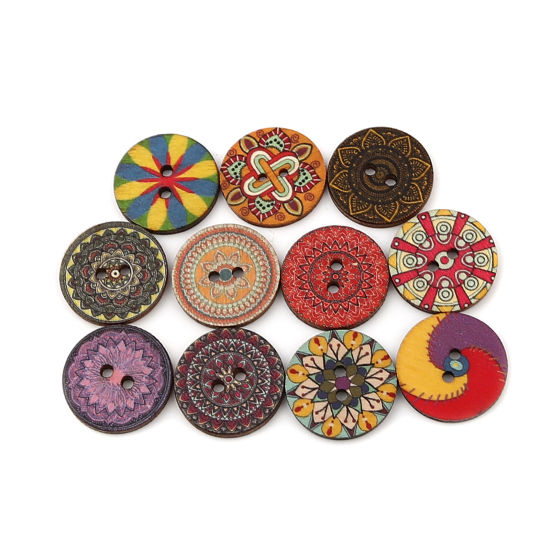 Изображение Natural Wood Buddhism Mandala Sewing Buttons Scrapbooking Two Holes Round