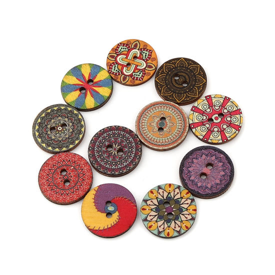 Изображение Natural Wood Buddhism Mandala Sewing Buttons Scrapbooking Two Holes Round