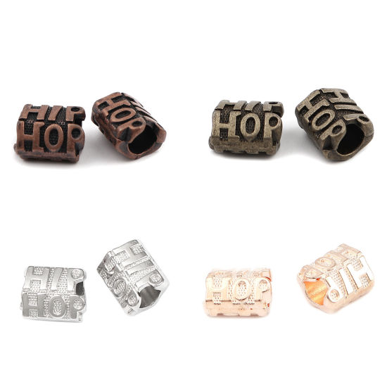Immagine di Zinc Based Alloy Large Hole Charm Beads Antique Copper Cylinder Message " HIP HOP " 14mm x 10mm, Hole: Approx 5.3mm, 30 PCs