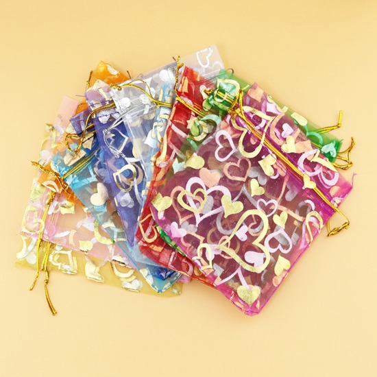 Picture of Wedding Gift Organza Drawstring Bags Rectangle Multicolor Heart 16cm x11cm(6 2/8" x4 3/8"), 20 PCs