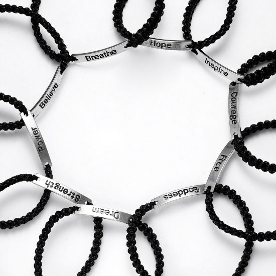 Picture of Polyester Braiding Braided Bracelets Accessories Findings Distance Black & White Rectangle Message " Hope " Adjustable 18cm(7 1/8") long, 1 Set ( 2 PCs/Set)