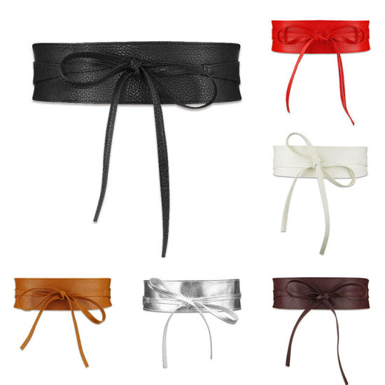 Picture of Classy Women Waist Belt Stretch Buckle Bow Wide PU Leather Elastic Slimming Lace Up Waistband Corset Tie Belt
