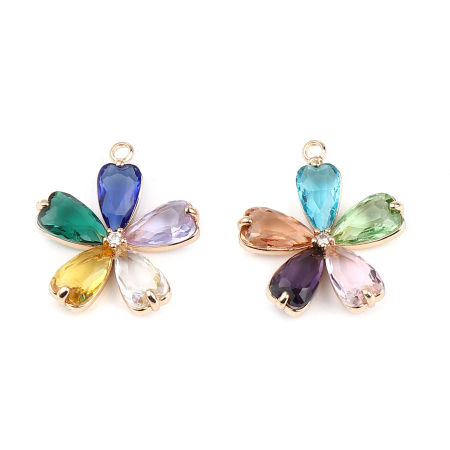 Image de 2 Pcs Breloques En Gros en Laiton Plaqué Or Véritable Fleur à Strass Coloré 26mm x 23mm