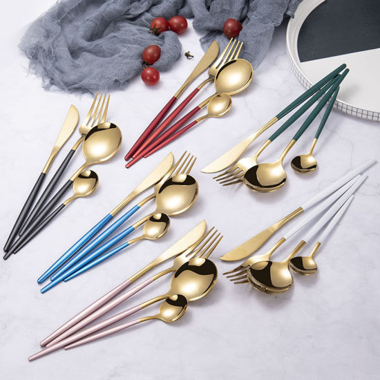 Изображение 24Pcs White Gold Cutlery Set Kitchen Tableware Set Stainless Steel Dinnerware Set Knife Fork Spoon Dinner Set Dishwasher Safe