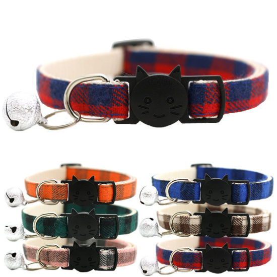 Picture of Pet Cat Collar Safety Buckle Plaid Cat Collar with Bell Adjustable Suitable Kitten Puppy Accessories Supplies Cat Buckle Collar