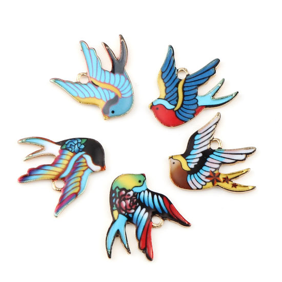 Image de Breloques en Alliage de Zinc Oiseau Doré Multicolore Émail 21mm x 20mm, 10 Pcs