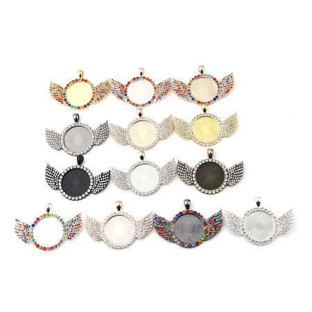 Zinc Based Alloy Cabochon Settings Pendants Round Wing (Fits 25mm Dia.) 60mm x 40mm, 2 PCs