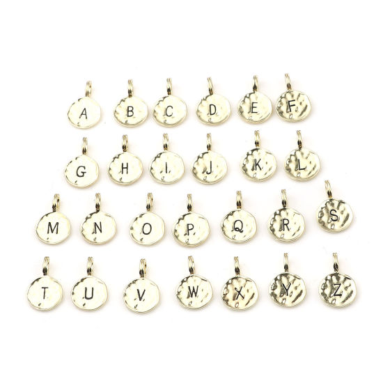 Immagine di Lega di Zinco Charms Tondo Oro Placcato Lettera Maiuscola Smalto 17mm x 11mm , 1 Serie