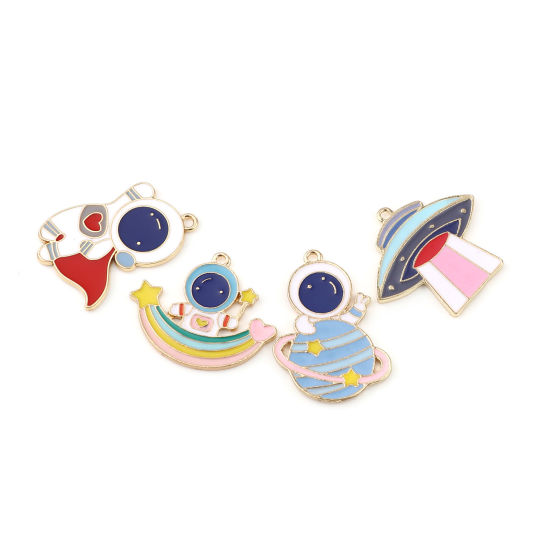 Imagen de Zamak Galaxia Colgantes Astronauta Chapado en Oro Multicolor Esmalte 32mm x 26mm, 5 Unidades
