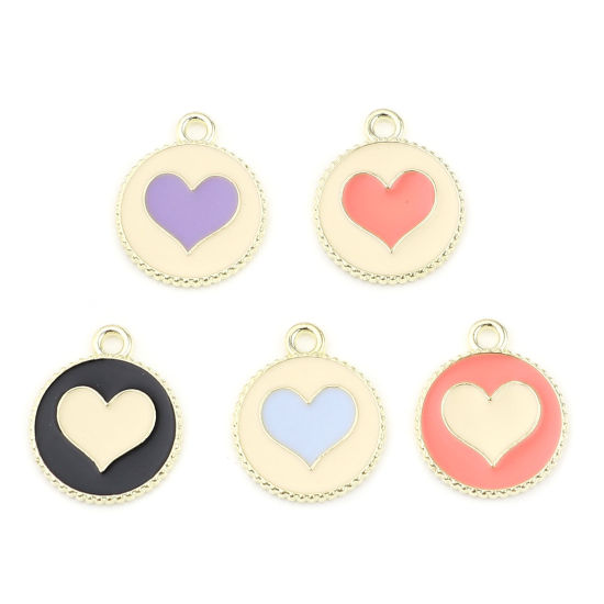 Immagine di Lega di Zinco San Valentino Charms Tondo Oro Placcato Cuore Smalto 19mm x 16mm , 20 Pz