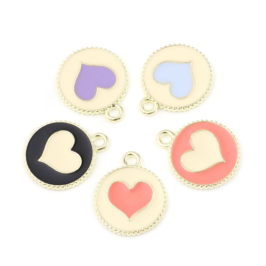 Immagine di Lega di Zinco San Valentino Charms Tondo Oro Placcato Cuore Smalto 19mm x 16mm , 20 Pz