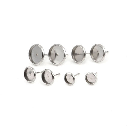 Bild von Edelstahl Ohrring Ohrstecker Rund Silberfarbe Cabochon Fassung (für 6mm) 8mm D., Drahtstärke: (21 gauge), 20 Stück
