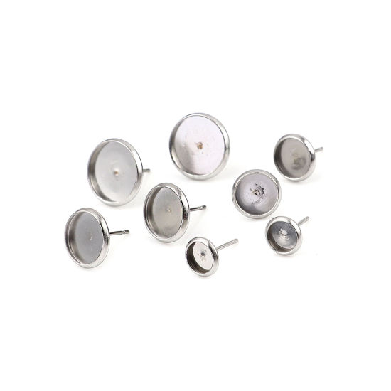 Picture of Stainless Steel Ear Post Stud Earrings Round Silver Tone Cabochon Settings (Fits 6mm Dia.) 8mm Dia., Post/ Wire Size: (21 gauge), 20 PCs