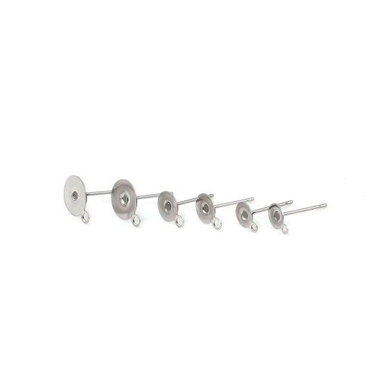 Immagine di Acciaio Inossidabile Orecchini a Perno Tondo Tono Argento Può Essere Incollato (Adatti 5mm) 7mm x 5mm, Posta / Filo Dimensione: (21 misura), 30 Pz