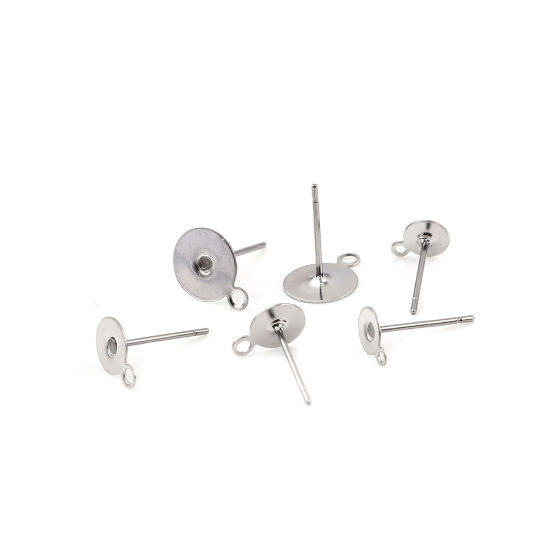 Immagine di Acciaio Inossidabile Orecchini a Perno Tondo Tono Argento Può Essere Incollato (Adatti 5mm) 7mm x 5mm, Posta / Filo Dimensione: (21 misura), 30 Pz