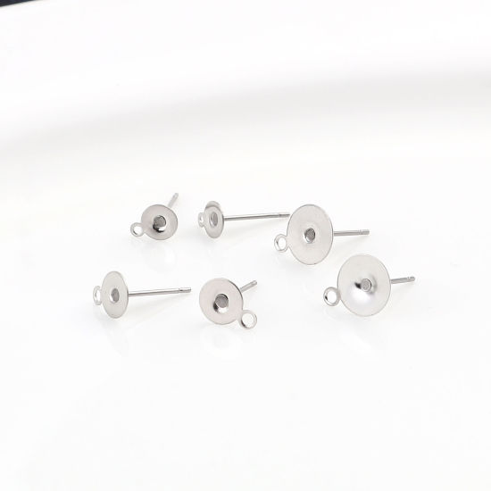 Immagine di Acciaio Inossidabile Orecchini a Perno Tondo Tono Argento Può Essere Incollato (Adatti 5mm) 7mm x 5mm, Posta / Filo Dimensione: (21 misura), 30 Pz