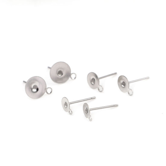 Immagine di Acciaio Inossidabile Orecchini a Perno Tondo Tono Argento Può Essere Incollato (Adatti 5mm) 7mm x 5mm, Posta / Filo Dimensione: (21 misura), 30 Pz